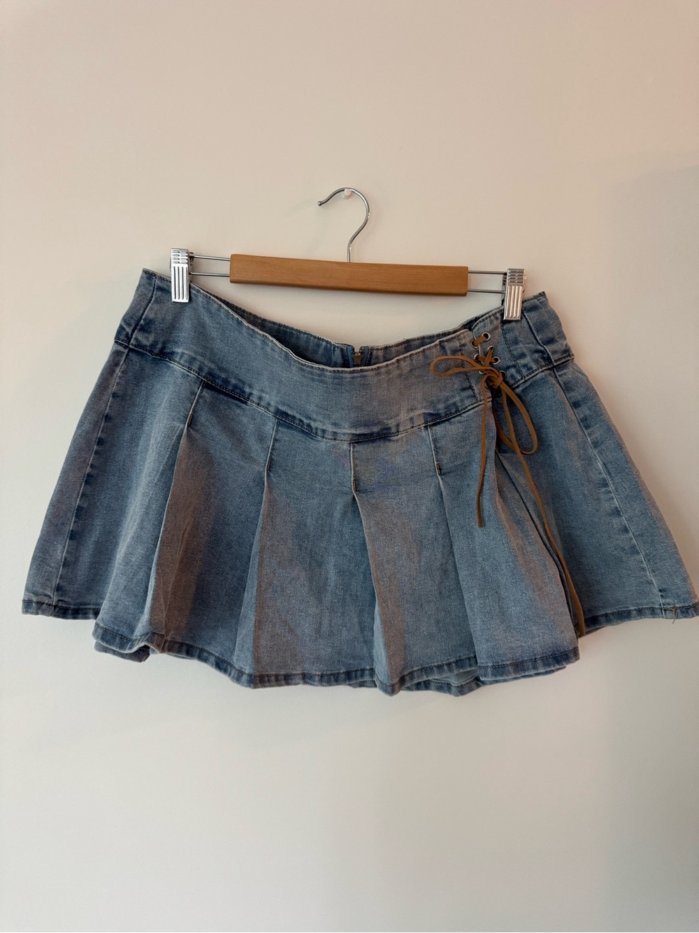 Almost Famous Pleated Denim Mini Skirt - Lace-Up Detail